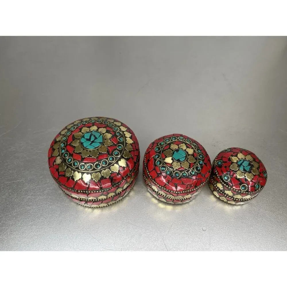 Round Trinket Box Multicolor Stones Indian Nesting Boxes Red Gold Set Of 3